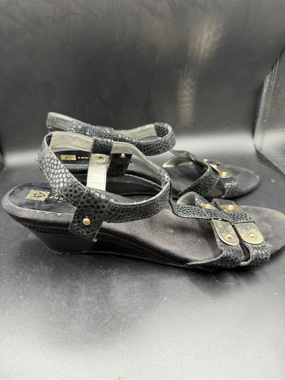 Anne Klein Black Textured Low Wedge Sandals